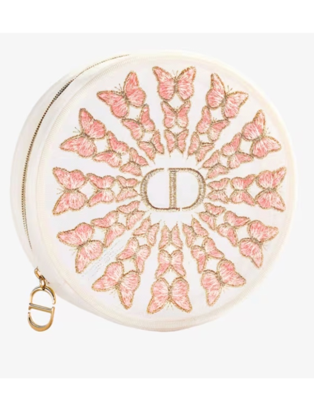 Dior White & Pink Embroidered Butterfly Round Cosmetic Pouch